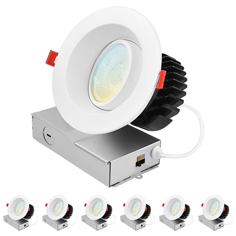 Luxrite 4 Inch Gimbal LED Recessed Light J-Box CRI90 18W 5CCT 2700K-5000K 1500 Lumens Dimmable IC Rated 6 Pack - Color Temperature Selectable 27K/30K/35K/40K/50K