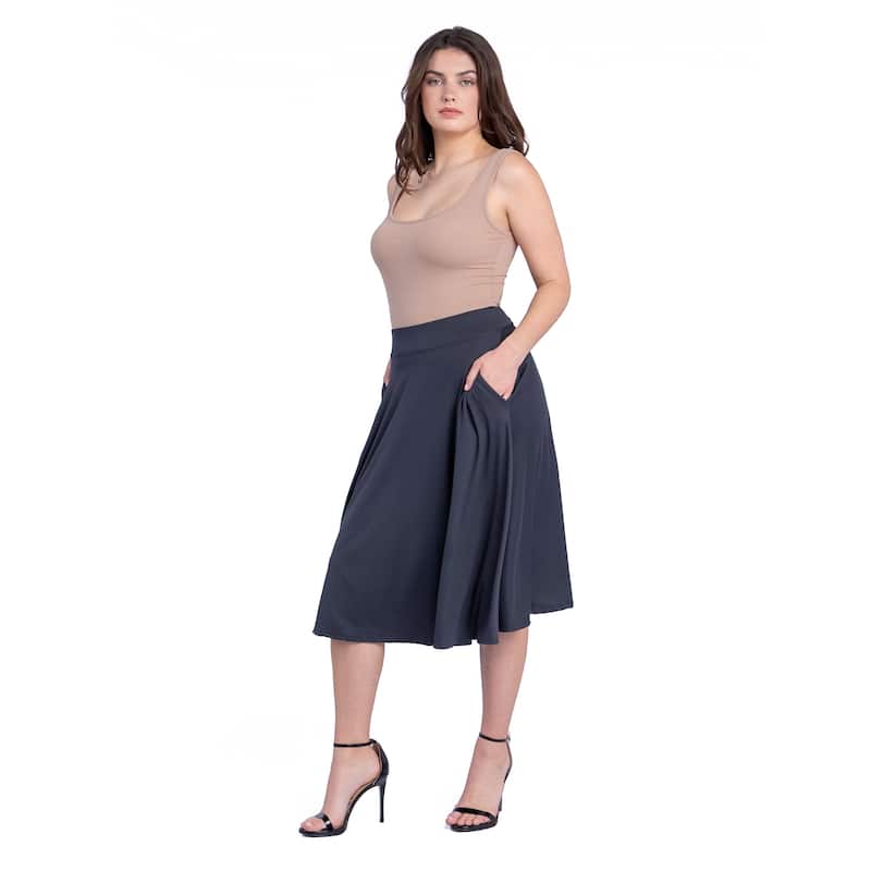 24seven Comfort Apparel Elastic Waist Pleated Pocket Midi Skirt
