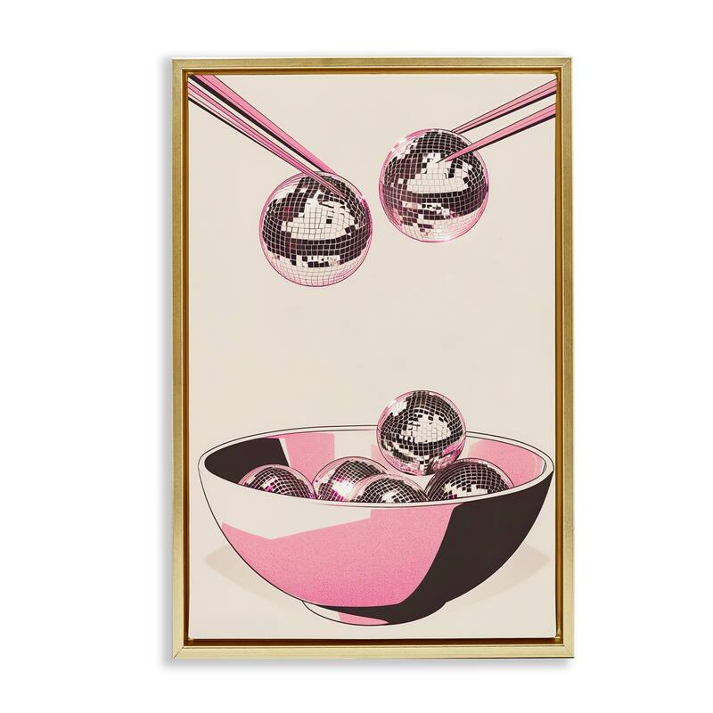 Stupell Disco Bowl Meal with Chopsticks Framed Floater Canvas Wall Art Design By Arlington Prints - 17 x 25 - Gold