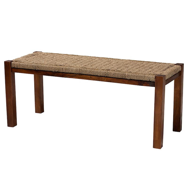 Hermes Mid-Century Modern Transitional Natural Seagrass and Mahogany Wood Bench - Walnut Brown