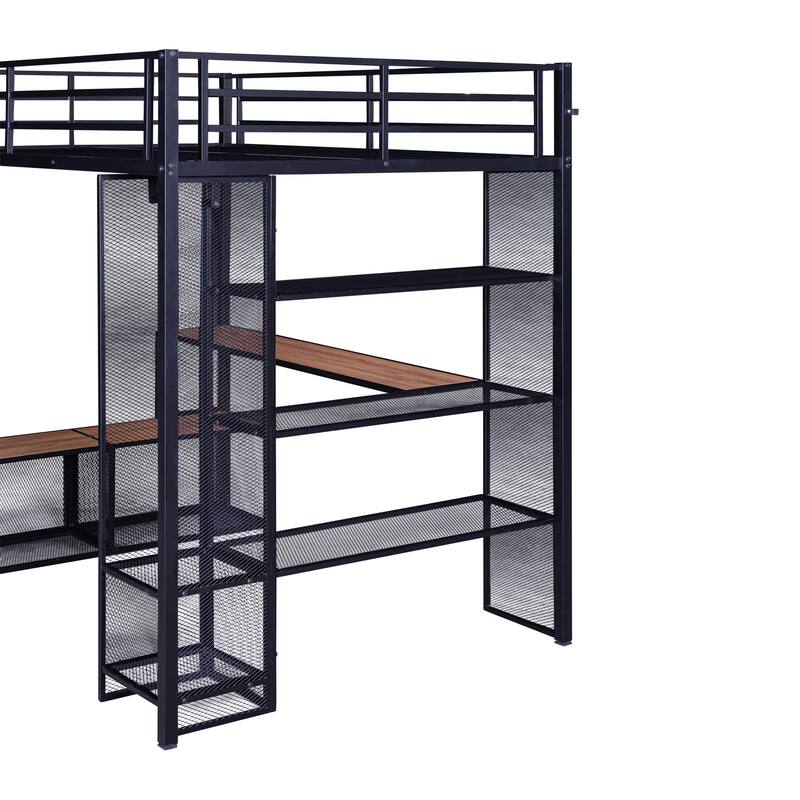 Heavy Duty Metal Bed Frame, Full Size Loft Bed with Storage Iron Mesh and MDF Shelves and Open Wardrobe for Bedroom