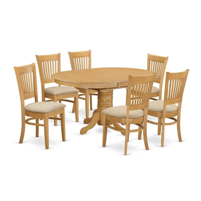 Oval 42x60 Inch Dining Table Set with 6 Chairs and Butterfly Leaf Extension on Pedestal Base in Rich Oak Brown Finish
