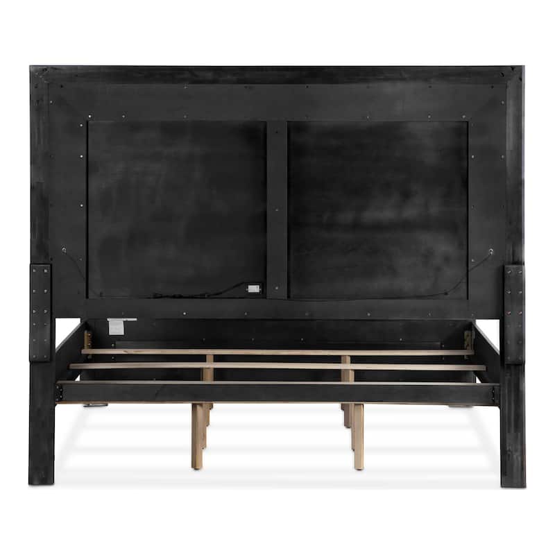 Furniture of America Alaric Modern Black Solid Wood Panel Bed with LED Light Headboard