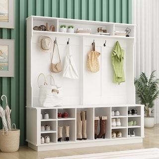 63"W 18 Shoe Cubbies Shoe Bench Shoe Cabinet Wide Hall Tree With Hooks