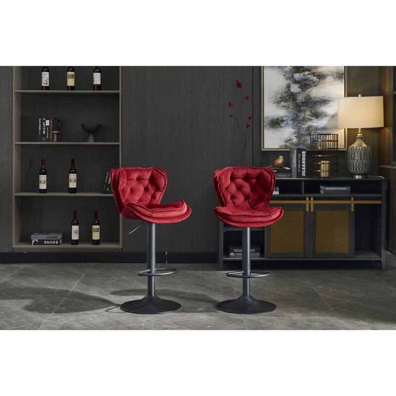 Set Of 2 Bar Stools With Powder Footrest And Base Swivel Height Adjustable Mechanical Lifting Velvet, Powder Leg