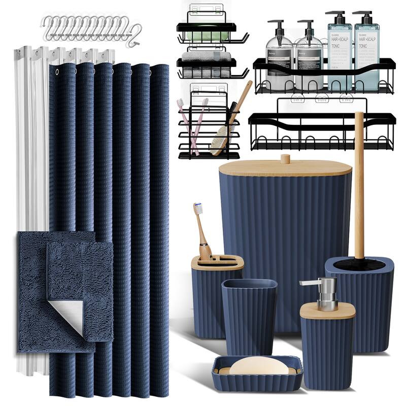 Emperyan Bathroom Accessories Set with Shower Caddy and Bath Rugs - Complete 27-Piece Set - Navy Blue