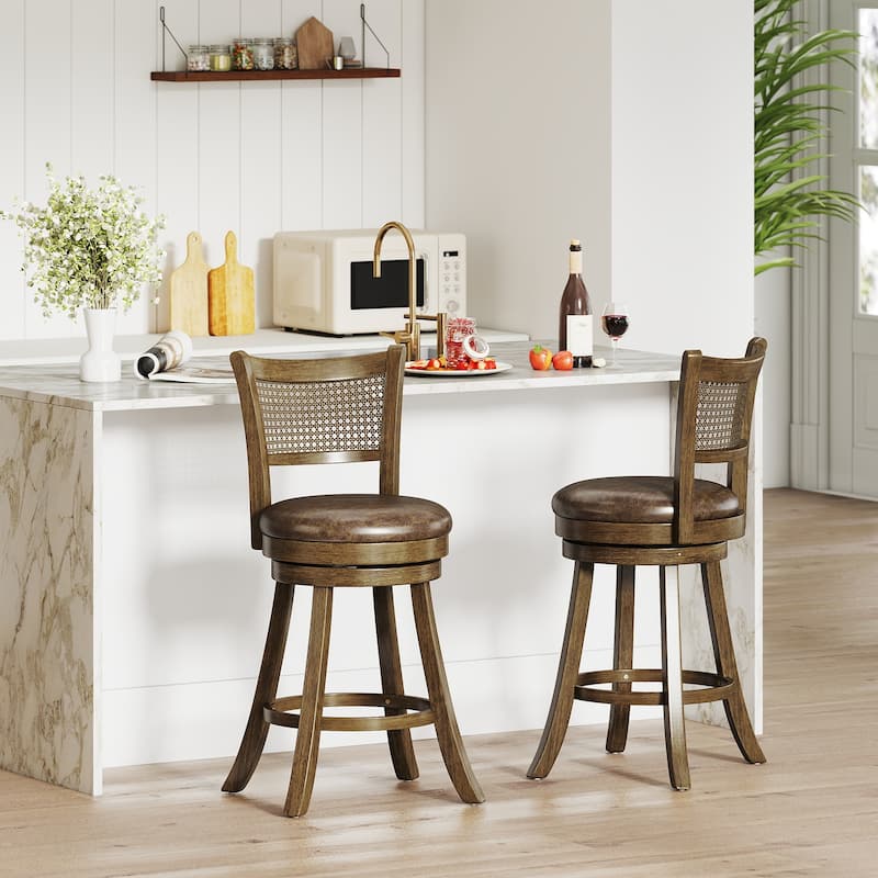 Gymax Set of 2 Bar Stools 25'' Swivel Bar Chairs w/ PE Rattan Backrest