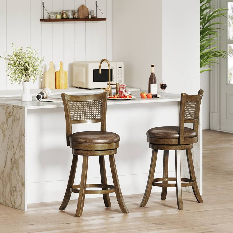 Gymax Set of 4 Bar Stools 25'' Swivel Bar Chairs w/ PE Rattan Backrest