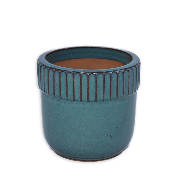 Antique Blue Ceramic Planter Set of 3 - 15 Inch Weatherproof Outdoor Garden Pots with Drainage