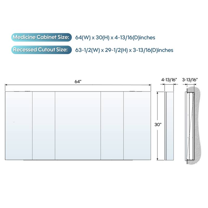 Bath 30'H Recessed or Surface Wall Mount Medicine Cabinet With Adjustable Glass Shelves
