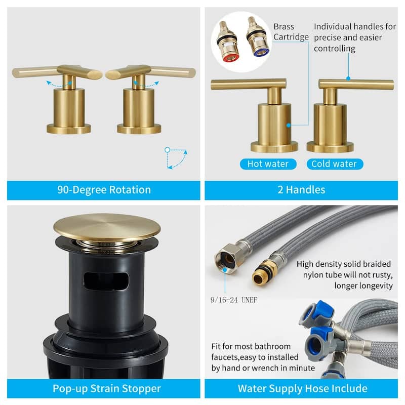3 Holes Widespread Bathroom Sink Faucet Stainless Steel Bathroom Faucet with Pop Up Drain Vanity Tap with Dual Handles