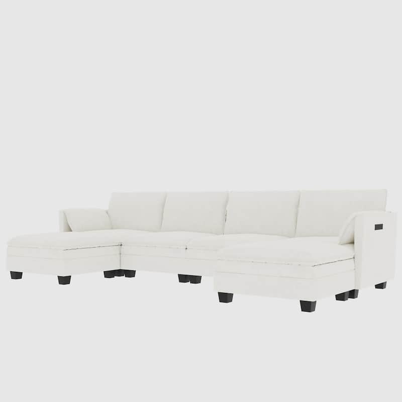 Christopher Knight Home - Noah 141.5" U-Shaped 6-Seater Sofa Couch with Movable Ottoman and Armrest Pockets, Fabric Upholstery