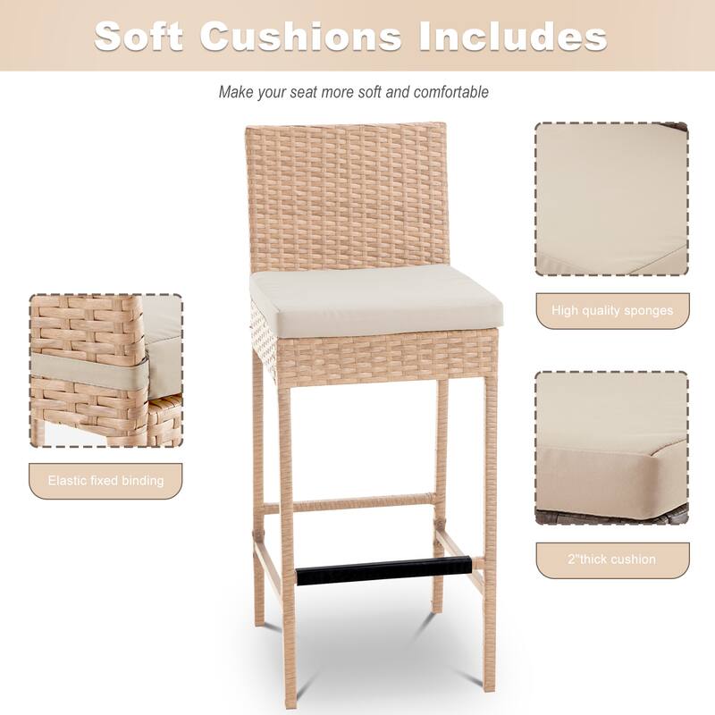 Rattan Bar Stools Set of 2, Armless Wicker Bar Stools with Cushions, All-Weather Outdoor Bar Height Stools for Patio, Poolside
