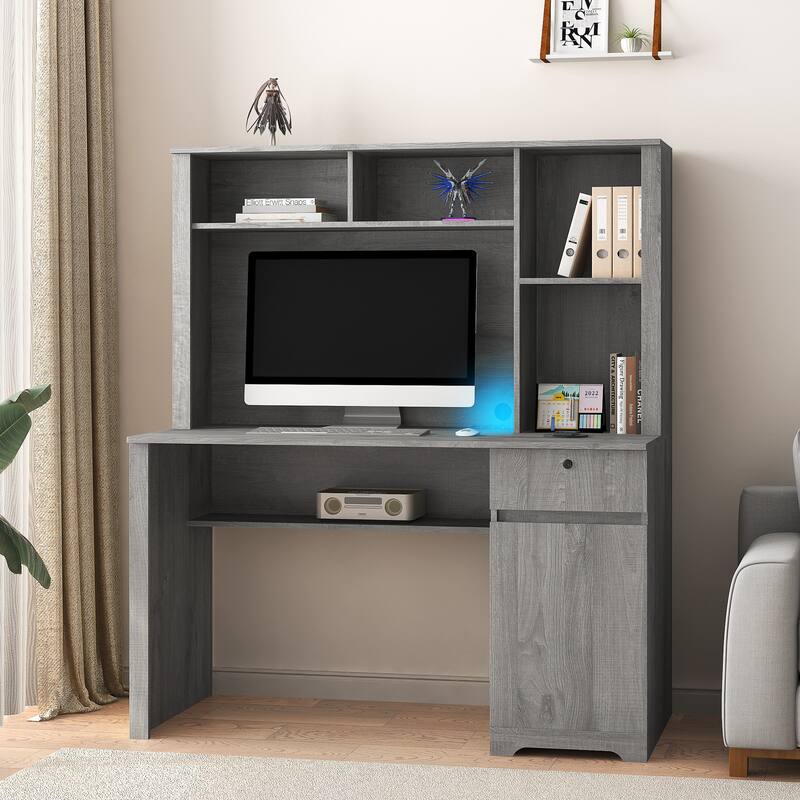 Computer Desk w/Hutch and Bookshelf Writing Desk Teens Student Desk Built-in 3 AC Outlets, 2 USB Ports and Drawers Laptop Table