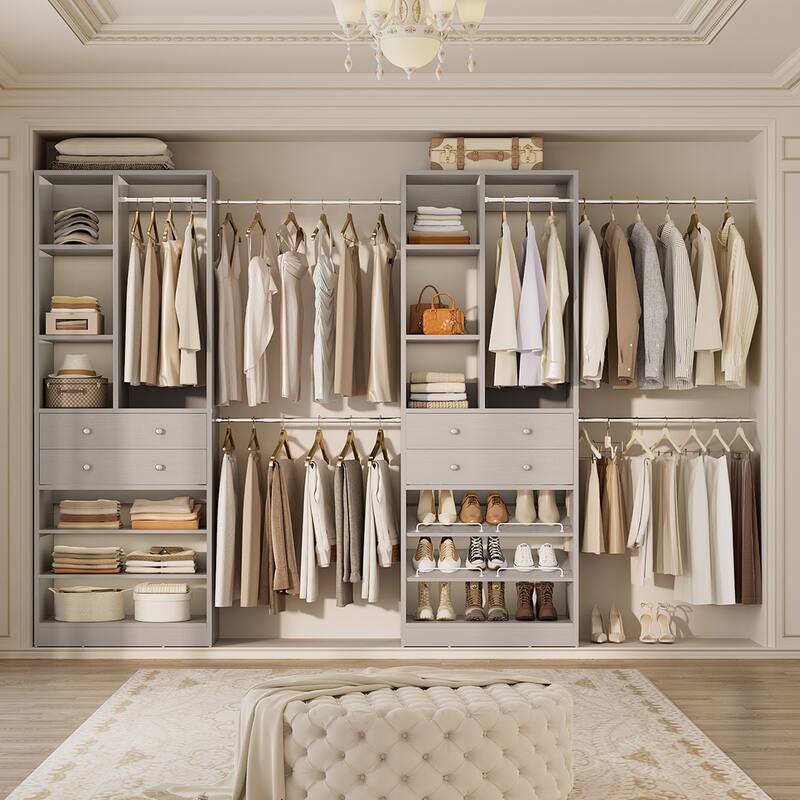 Set of 2 Closet System with 6 Hanging Rods and 4 Drawers, Adjustable Closet System with Shelves and Shoe Rack - Grey