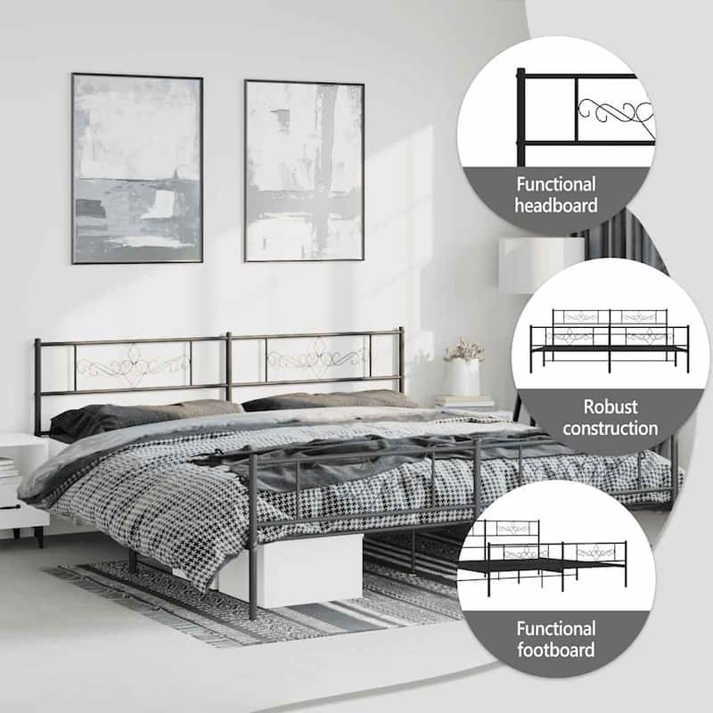 vidaXL 12 Inches Black King Size Metal Bed Frame No Mattress
