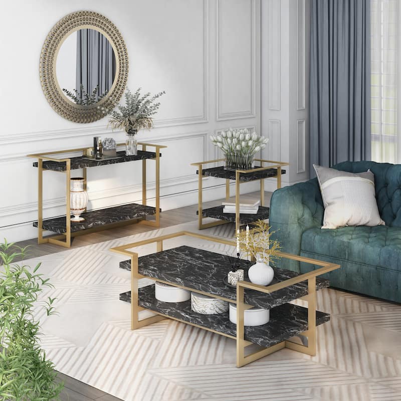 Lovell Glam Gold and Black Faux Marble 3-Piece Table Set with Shelfs by Furniture of America