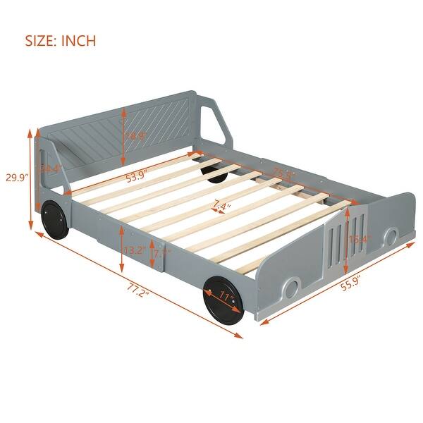 Gray Nordic Full Size Car-Shaped All-in-One Platform Bed w/ Wheels Creative Panel Bed Frame for Kids, Teens, Easy Assembly