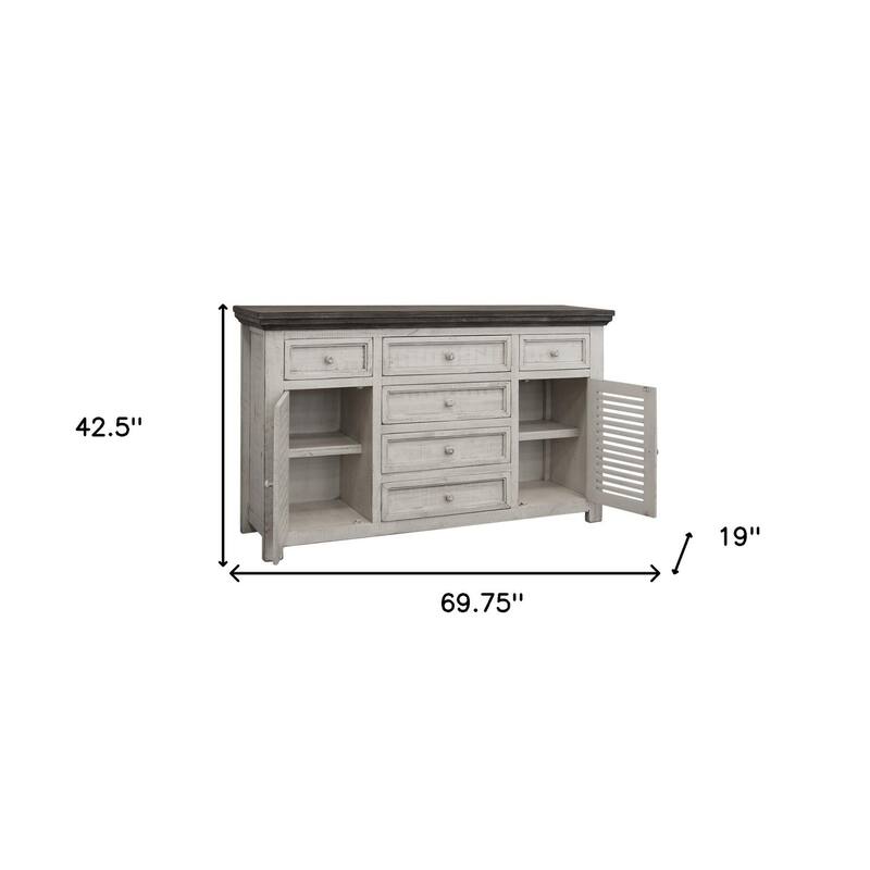 HomeRoots 70" Antiqued White Solid and Manufactured Wood Distressed Buffet Table - 69.75 in. x 42.50 in. x 19.00 in.