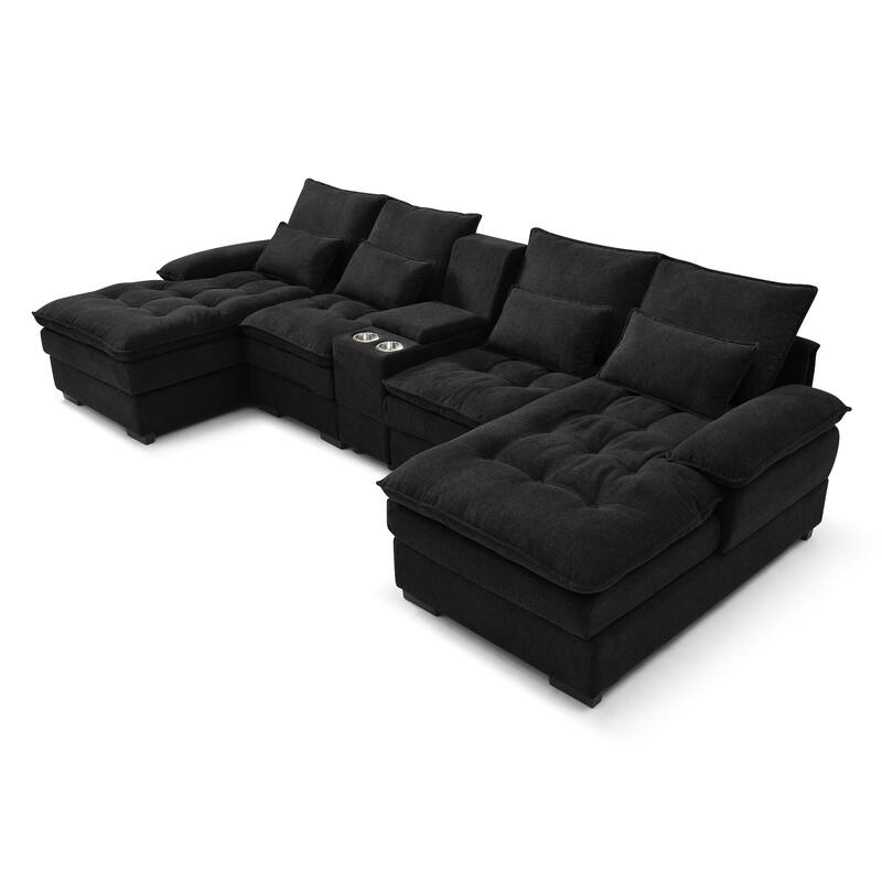 U-shaped Sectional Sofa with Chaise, Built-in Storage Console and Cup Holders, Linen Double-Layer Cushioning Lounge Couch