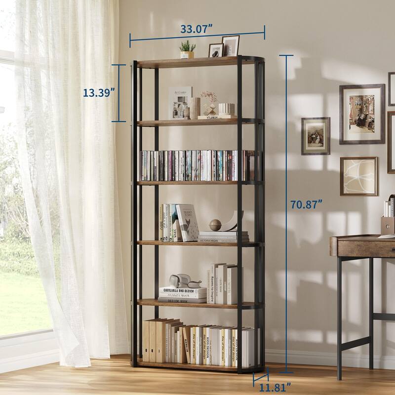 71 Inch Tall Bookshelf, 6 Tier Industrial Bookcase with Heavy Duty Metal Frame, Slim Farmhouse Storage Shelves