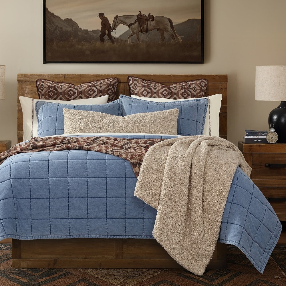 Paseo Road Stonewashed Denim Blue Box-Stitched Chic Casual Modern Rustic 3 Piece Quilt Set