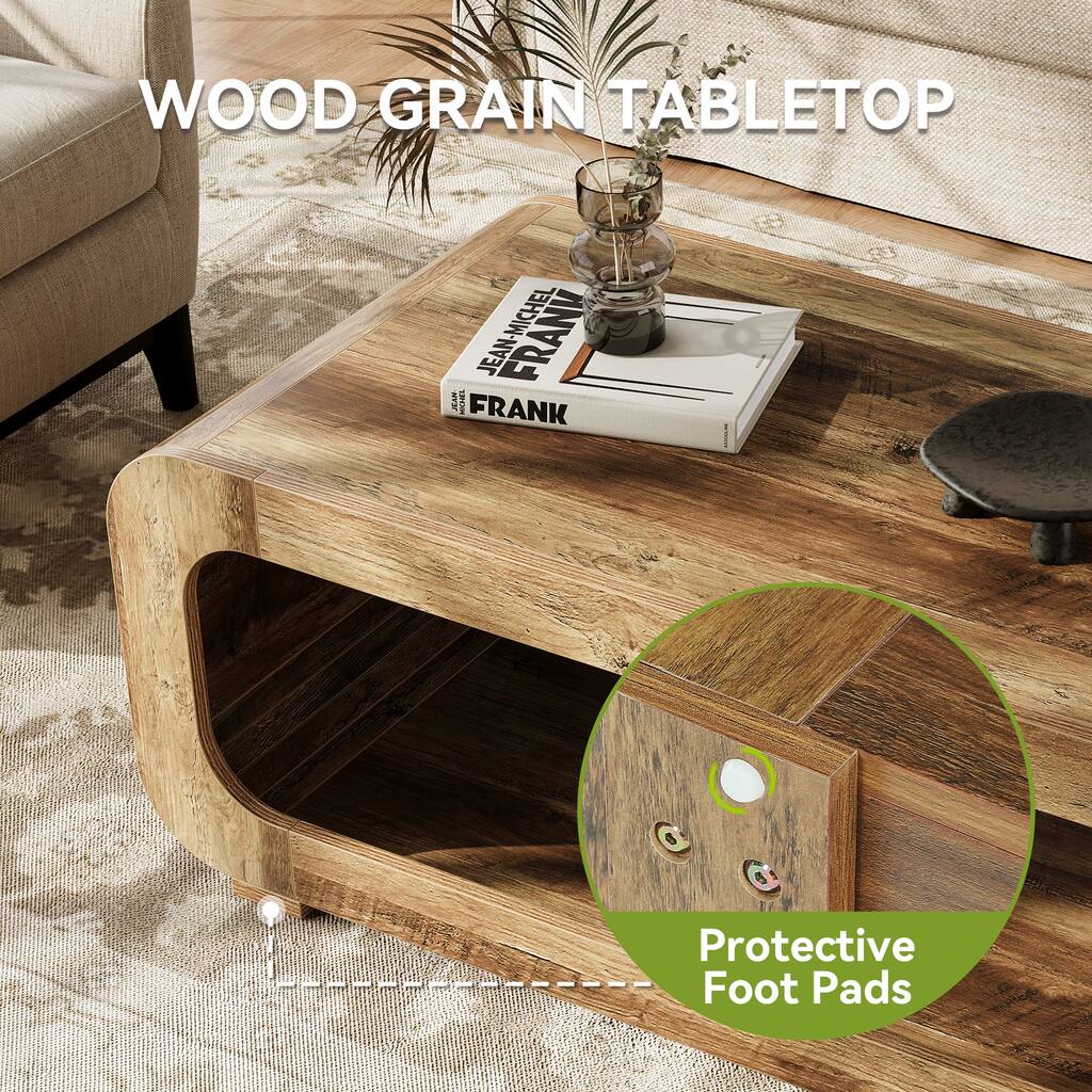 47" Rustic Curved Wood Coffee Table with Open Shelf, 2-Tier Rectangular Center Table for Living Room