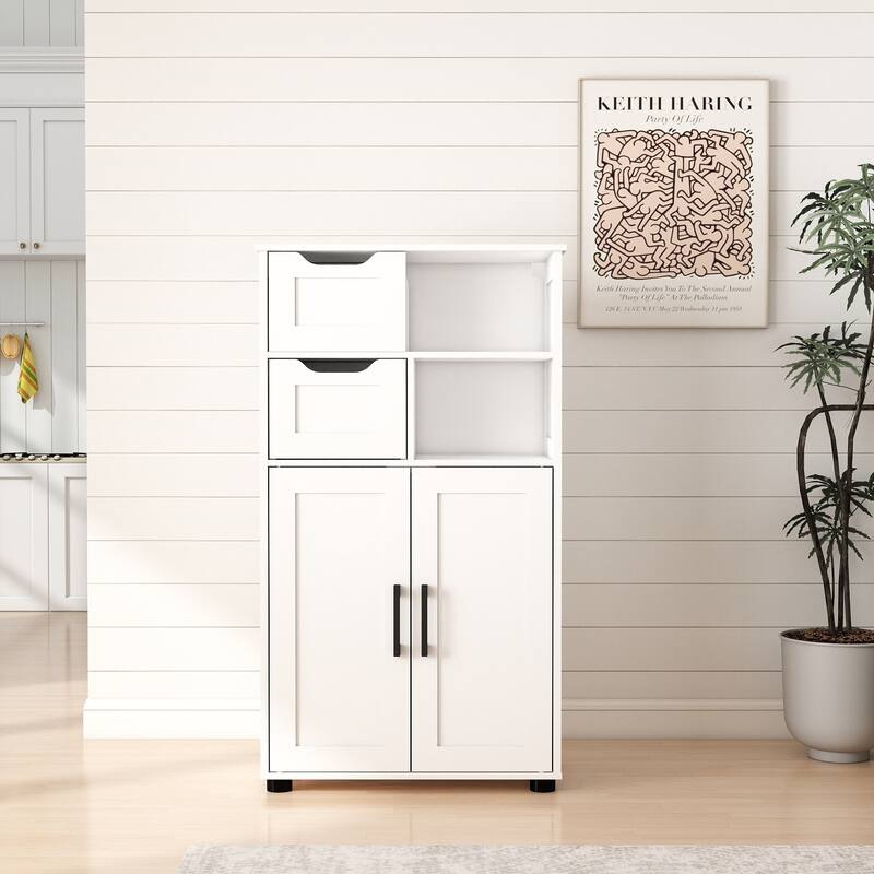White Double Door Cabinet with Drawers Adjustable Shelves and Open Storage for Living Room Dining Room or Office