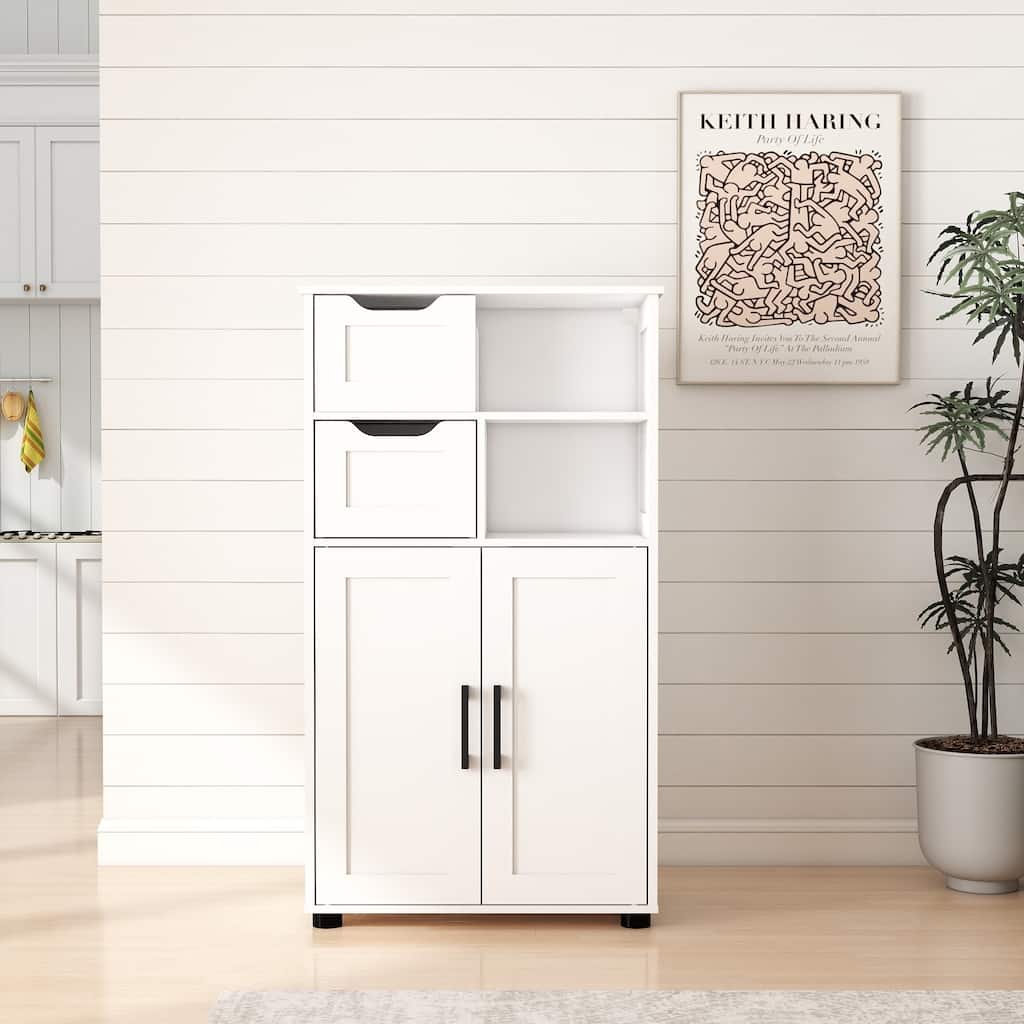 White Double Door Cabinet with Drawers Adjustable Shelves and Open Storage for Living Room Dining Room or Office