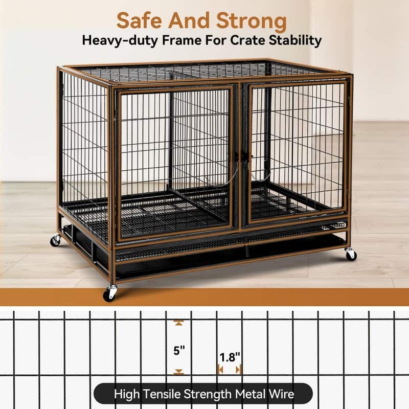 Heavy Duty Dog Crate with Wheels Escape Proof Metal Kennel Lockable Wheels Slide Out Tray