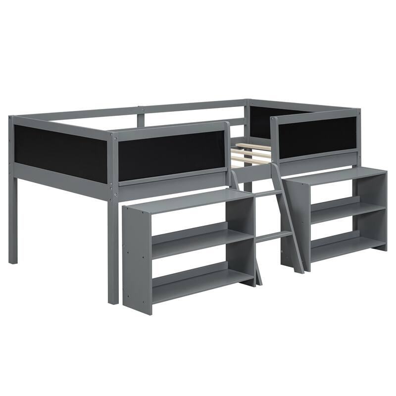 Gray Twin Loft Bed with Decorative Chalkboard and Storage Shelves