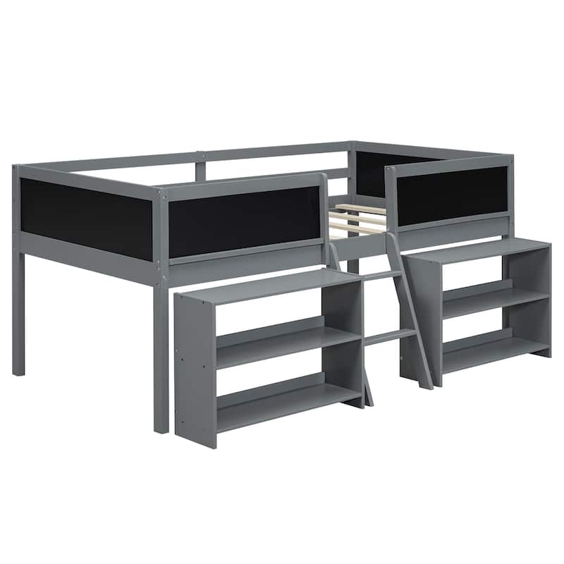 Twin Size Low Loft Bed with Two Movable Shelves, Ladder and Chalkboard, Kids Low Loft Bed Frame No Box Spring Needed for Boys