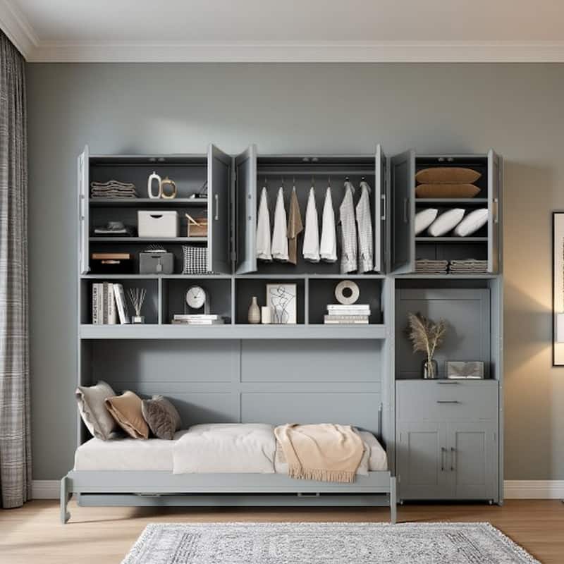 Twin Size Murphy Wall Bed with Closet, Drawers, and Desk, Space-Saving Storage Solution - Gray