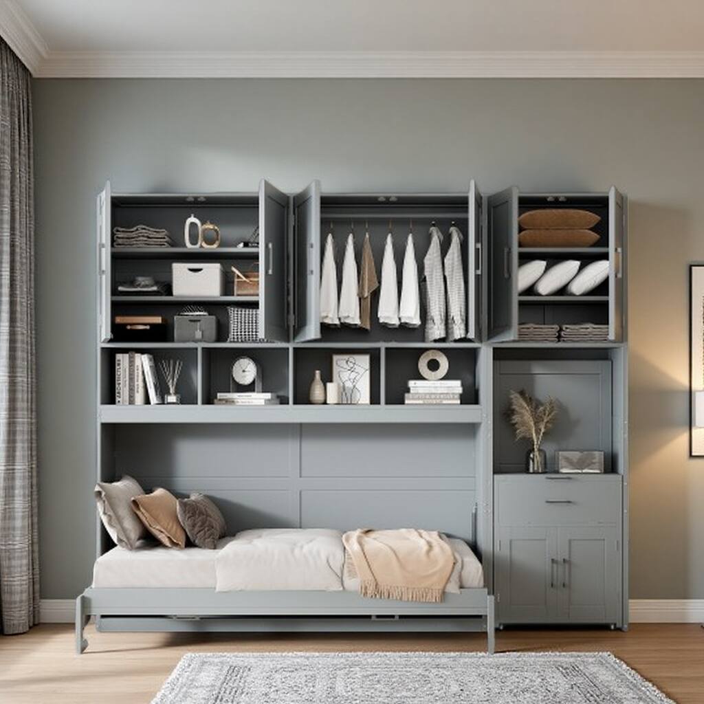 Twin Size Murphy Wall Bed with Closet, Drawers, and Desk, Space-Saving Storage Solution