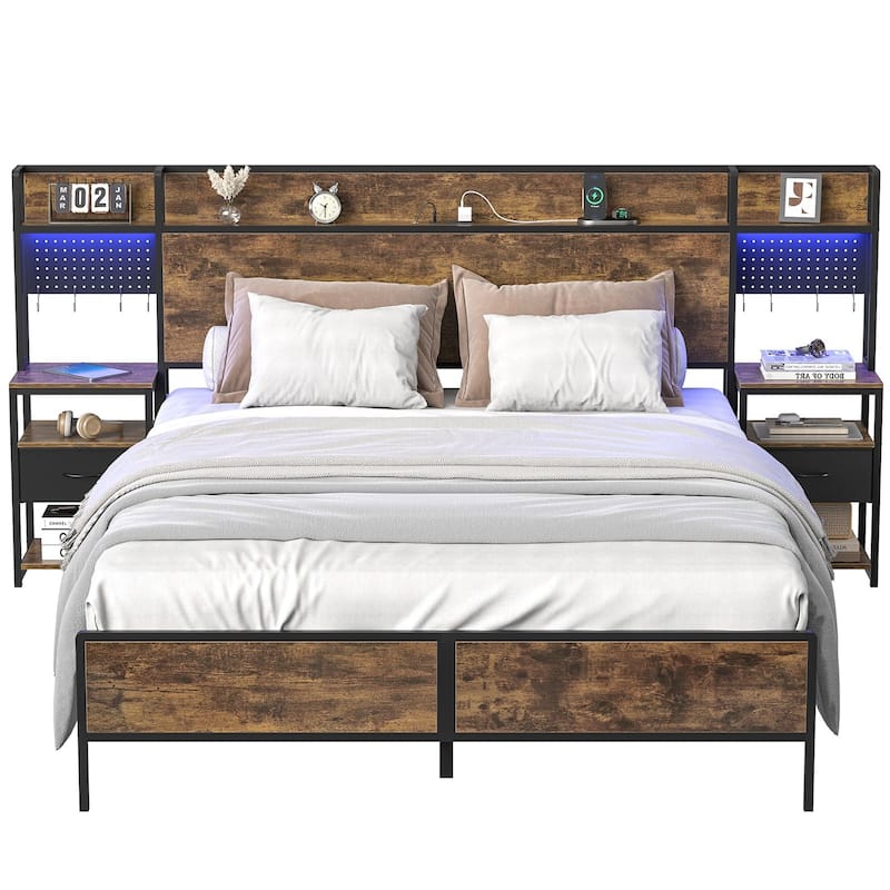 Rustic Brown Bed Frame (Queen/King) with 2 Sliding Nightstands & Bookcase Storage Headboard