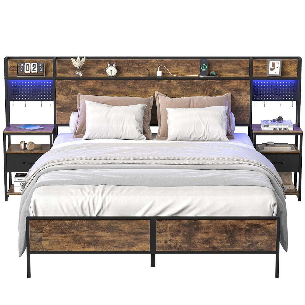 Rustic Brown Bed Frame (Queen/King) with 2 Sliding Nightstands & Bookcase Storage Headboard