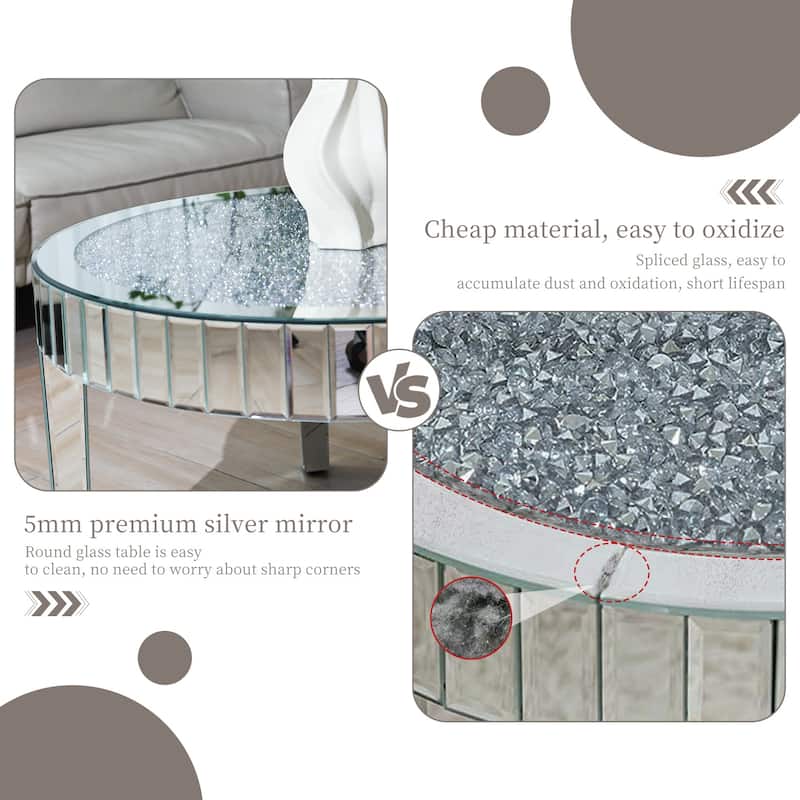Modern Mirror Glass Round Coffee Table with Crushed Diamond - 31.5"x18.3"
