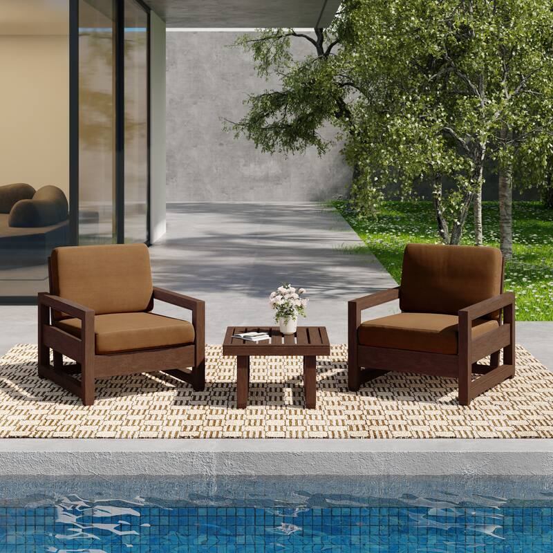 3-Piece Teak Wood Chair Outdoor Patio Conversation Set with Table - Dark Wood - Light Brown