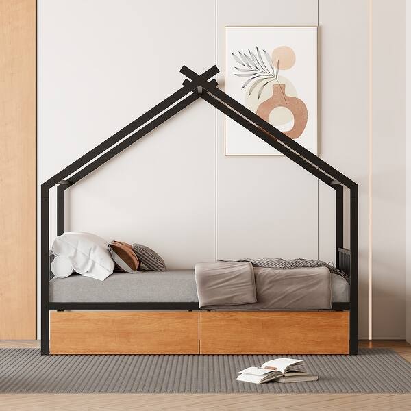 slide 2 of 10, Twin Size House-shaped Design Bed with Two Storage Drawers, Metal Platform Bed with Support Legs for Bedroom, Black Black