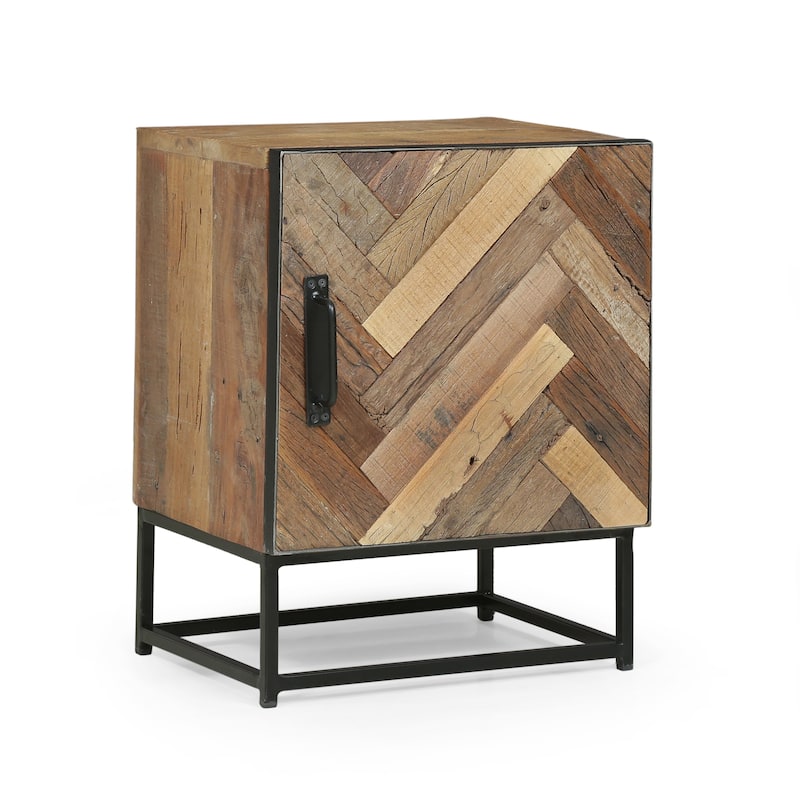 Roomfitters Rustic Bedside Table, Reclaimed Wood Nightstand with Chevron Door Design and Metal Base, Natural
