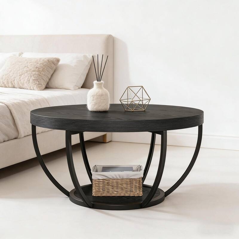 Round 2-Tier Wood Coffee Table with Metal Base for Living Room
