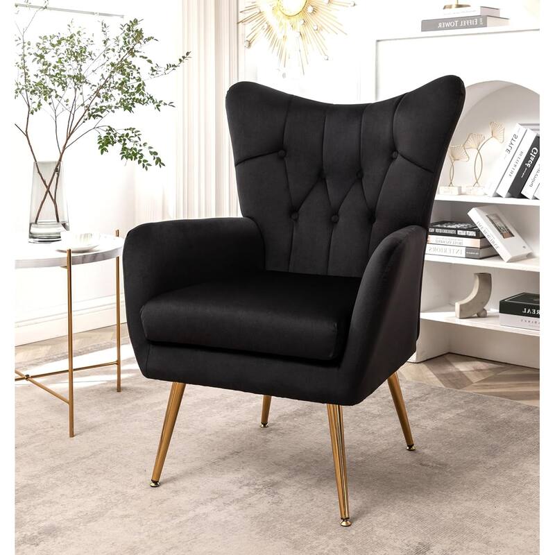 Modern Chic Mid-Century Velvet Accent Armchair Button-Tufted Wingback Design with Gold Flared Legs
