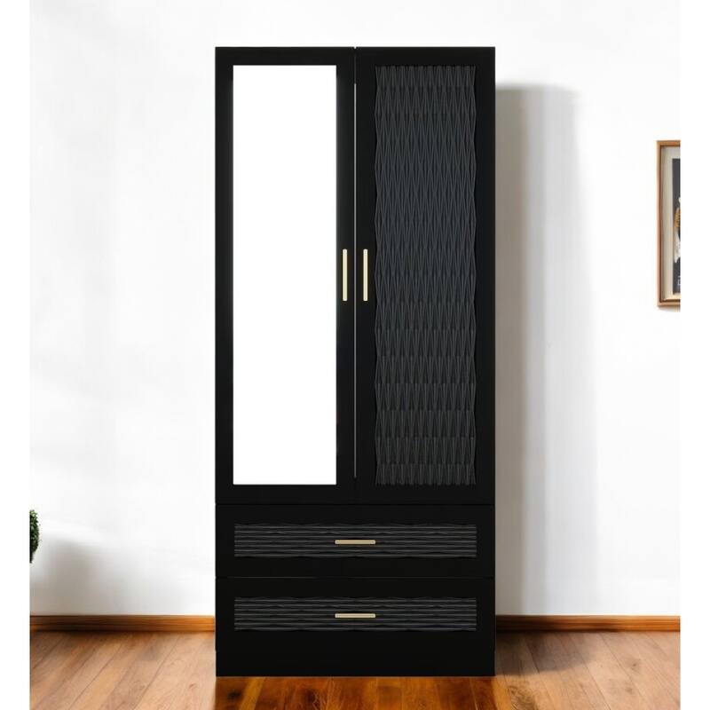 HomeRoots 71" Black Carved Geometric And Mirrored Two Door Two Drawer Combo Dresser - Black - 2-drawer