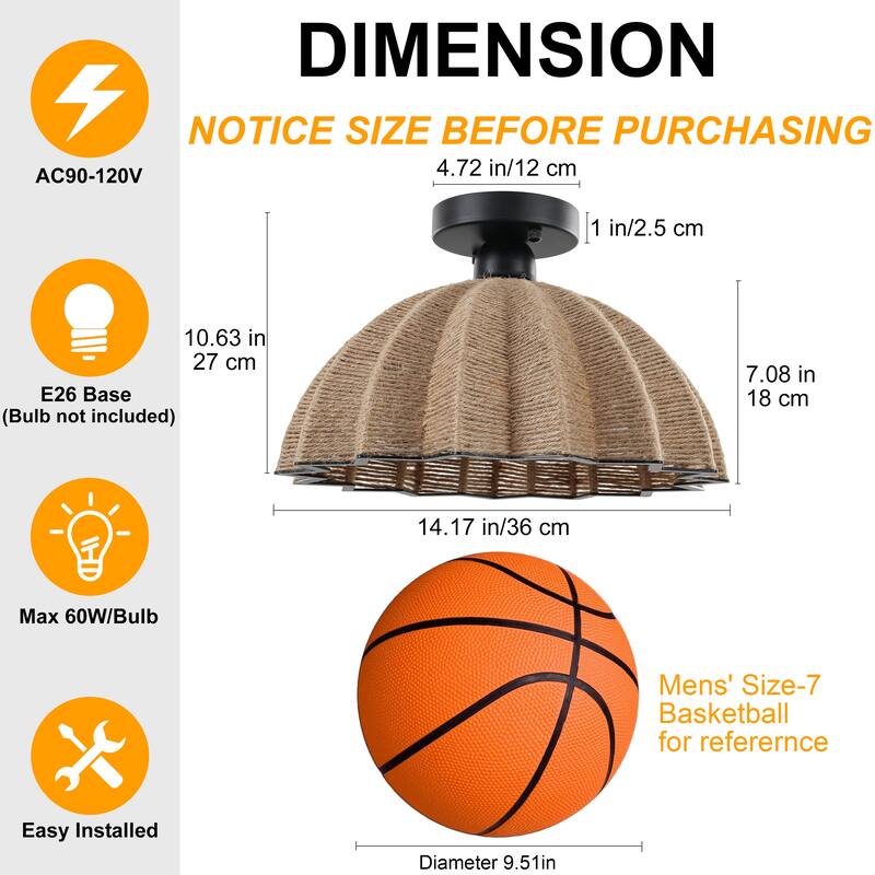 Industrial Rustic 1 - Light E26 Semi - Flush Mount Ceiling Light, 14.2" Dia Metal Frame - Matte Black