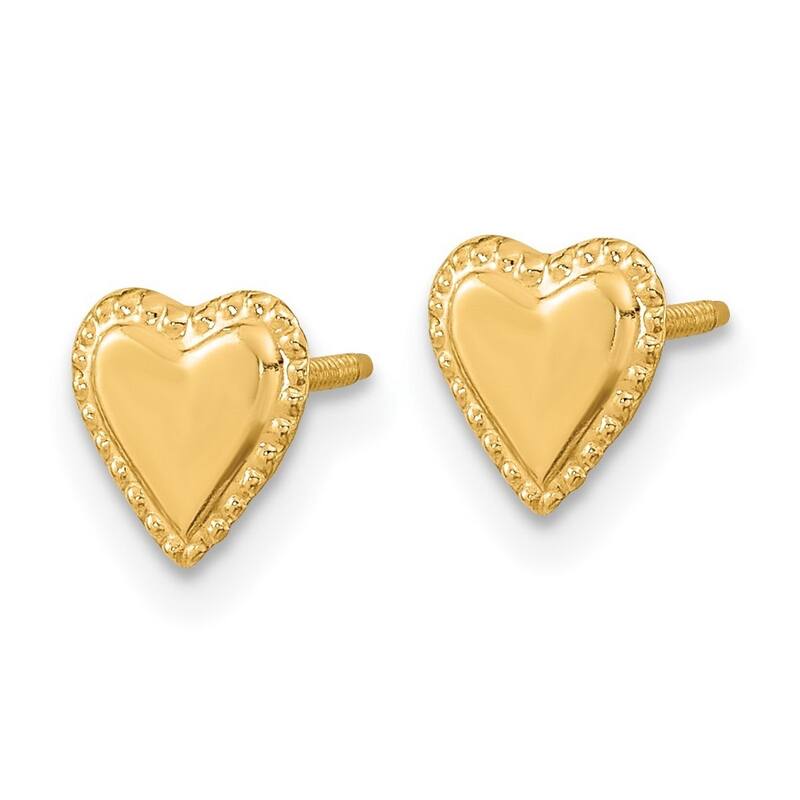 Curata 14k Yellow Gold 8mm Polished Screw back Beaded Heart Post Earrings