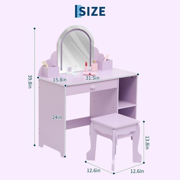 dimension image slide 2 of 3, Kids Vanity Desk with Mirror and Lights