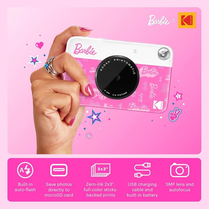 Kodak x Barbie Printomatic Instant Print Camera Signature Style, Case + Paper (20 Sheets) - Bundle - Pink - N/A