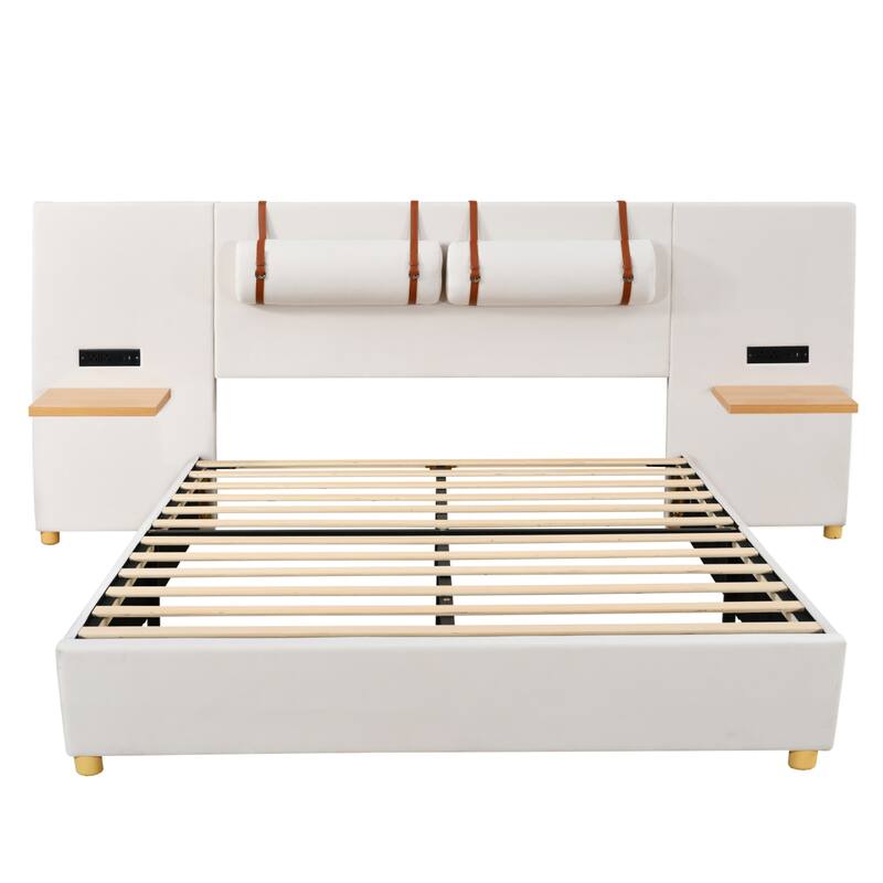 Queen Velvet Upholstered Bed with USB Ports, Storage Shelves & Built-in Pillows - Beige/Gray