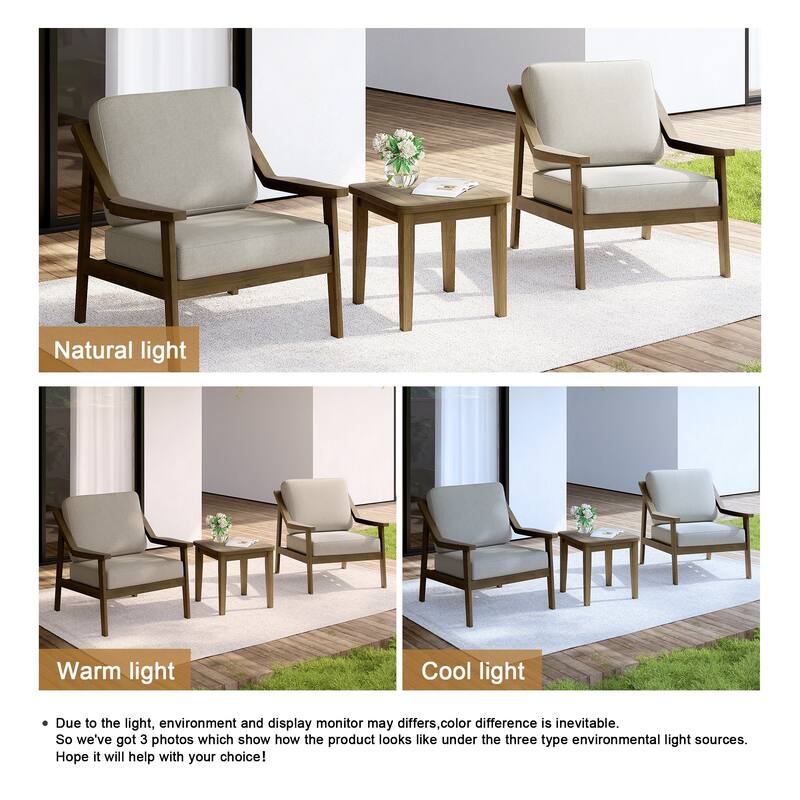 Outdoor Wood Cushioned Patio Set of 2 Accent Chair with Side Table
