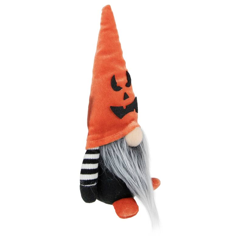 9.75" Black and Orange Halloween Gnome with Jack-O-Lantern Hat
